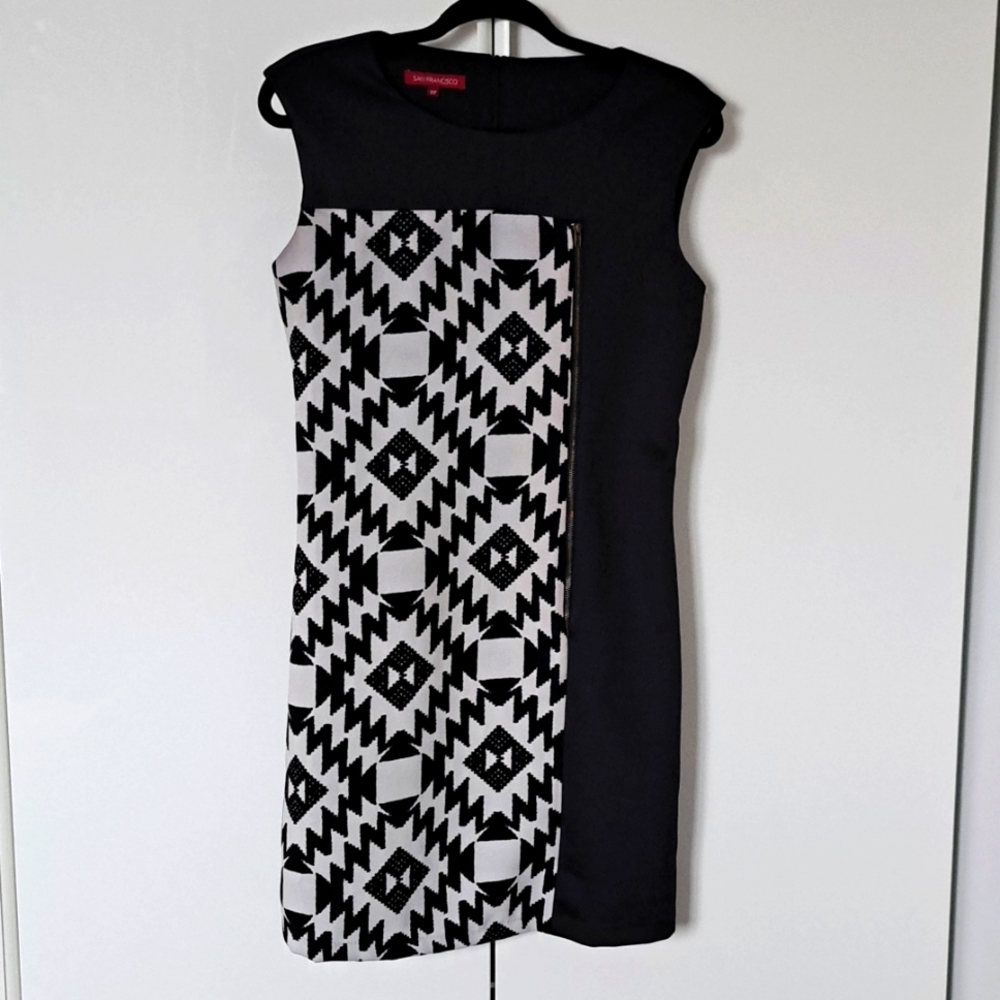 Small san francisco black and white bodycon midi dress aztec pattern